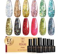 Vernis Semi Permanent Pailleté, 12 Couleurs Argentés Marron Or Rose Vert Bleu Rouge Rose Paillettes Vernis Gel, Soak-Off Mini[V121]