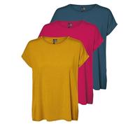 VERO MODA Aware Ava T-Shirt à Manches Courtes, Lot de 3 (Jaune doré, Rose Vif, Bleu marocain), M