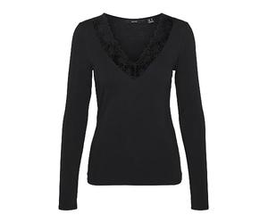 VERO MODA Blouse Slim fit col en V détail en Dentelle Basique Manches Longues, Couleurs:Noir, Taille:L