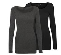 VERO MODA - Lot de 2 t-Shirts pour Femme - À Manches Longues, Gris/Noir (1 x Gris foncé chiné/1 x Noir), S