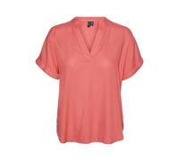 VERO MODA Top Casual à Encolure Fendue pour Femme avec Bracelets d'ourlet reversés - Chemisier à Manches Courtes, Couleurs:Corail-Rose, Taille:XL