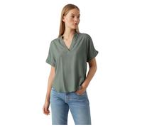 VERO MODA Top Casual à Encolure Fendue pour Femme avec Bracelets d'ourlet reversés - Chemisier à Manches Courtes, Couleurs:Vert-2, Taille:S