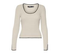 VERO MODA Vmjoan Ls Pull Court à col en U Tricot, Bouleau/détail : Noir. Contraste Noir, M Femme