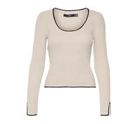 VERO MODA Vmjoan Ls Pull Court à col en U Tricot, Bouleau/détail : Noir. Contraste Noir, S Femme