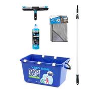 Vero Shine Kit de Nettoyage de Vitres - Raclette 35 cm, Perche Télescopique 1,2 m, Nettoyant 500 ml, Chiffon Bambou, Seau 18L