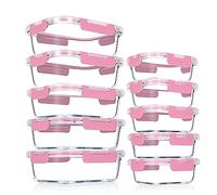 VERONES Lot de 10 récipients hermétiques en verre pour préparation de repas, boîtes empilables en verre avec couvercles, sans BPA, passent au micro-ondes, four, congélateur et au lave-vaisselle, rose