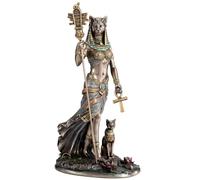 Veronese Design Bastet de la déesse égyptienne tenant un instrument de Sistrum et une croix Ankh avec chat en résine coulée à froid Finition bronze 26 cm