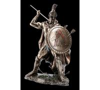 Veronese Leonidas Figurine Spartan 31 cm | Bronzée et colorée, inscription grecque, plaque ronde avec lambda rouge et flèches, décoration antique