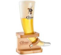 Verre à bière 33 cl original La Corne du Bois du Pendus, avec support en bois, verre à bière belge