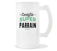 Verre à Bière Certifié Super Parrain | Chope de Bière Pinte | Idée Cadeau Humour Original Noël Anniversaire Baptême Famille Parrainage
