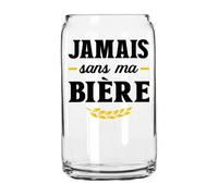 Verre à bière en forme de canette - avec texte ""jamais sans ma bière"" - 44 cl