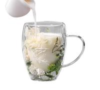 Verre à double paroi en verre à fleurs séchées, tasses à café à double paroi, tasses à thé en verre à fleurs séchées, tasses en verre avec poignée, tasses à café anti-brûlure pour thé, café vert 350
