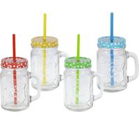 Verre à eau avec couvercle et paille - Set de 4 pièces / 480 ml chacune - Verre à eau Verre à jus de fruits Verre à anse Vintage Retro