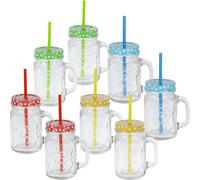 Verre à eau avec couvercle et paille - Set de 8 pièces / 480 ml chacune - Verre à eau Verre à jus de fruits Verre à anse Vintage Retro