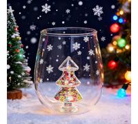 Verre à vin sans pied, verre à vin 3D avec sapin de Noël, figurine d'arbre de Noël à l'intérieur, tasse à paillettes pour décoration de fête, passe au lave-vaisselle/micro-ondes
