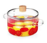 Verre Casserole avec Couvercle et Poignées Bois Transparente 1,6 L | Bandes Verticales, Paroi Épaisse, Cuisson Visible, la Cuisine Familiale, Mijotés, Fruits de Mer, Thé ou Préparations