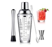 Verre Cocktail Shaker Acier Inoxydable Couvercle Anti-Fuite Boston Martini Shaker Débutant Kit Barman avec Jigger 22oz Mixed Drink Shaker avec mesures EIS Mixing Glass Bar Tools