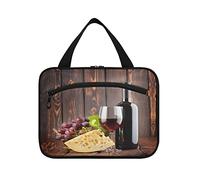 Verre de vin rouge et bouteille avec fromage, raisin, bois rétro, 1 trousse de toilette de voyage à suspendre avec poignées, organisateur de maquillage portable, étui de rangement pour pinceaux de