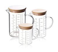 Verre Doseur en Verre Set 3 Pièces, Gradué avec Couvercle et Poignée, 350ml 500ml 1000ml Doseur Cuisine, avec Échelle Précise pour Cuisine et Pâtisserie