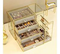 Verre européen Bijoux Boîte de rangement, anneau de velours Boucles d'oreilles Collier Montre Boîte de finition, Rack multi-couche tiroir placage Rouille, Bord européen Or galvanoplastie Trinket Case