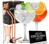 Verre Gin Tonic Ondulés - Lot de 2 Verres G&T Ondulés Faits à la Main | Cuillère à Cocktail en, Mesure à Esprit, 2 Pailles en Métal et Spirit Verser. Un Livre électronique de recettes | Boîte Cadeau