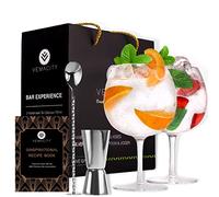 Verre Gin Tonic pour les Amateurs de Gin - Lot de 2 Verre G&T Faits à la Main. Livre Électronique de Recettes Gratuit | Cuillère à Cocktail en Argenté, Doseur Double Face et Grands Verres Cocktail
