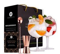 Verre Gin Tonic pour les Amateurs de Gin - Lot de 2 Verre G&T Faits à la Main. Livre Électronique de Recettes Gratuit | Cuillère à Cocktail en Or Rose, Doseur Double Face et Grands Verres Cocktail