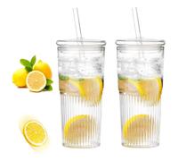 Verre Smoothie 600ml, 2 Pièces Tasses à Café en Verre avec Paille et Couvercle,Tasses en Verre, pour Gobelet Smoothie, Tasse à Jus, Verre Bubble Tea, Tasses en Verre à Café Glacé, Verres à Bière
