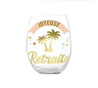Verre - STC - Joyeuse Retraite - Rond transparent - Inscriptions dorées - Bandeau rose - Motif palmiers