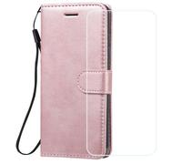 Verre trempé+Housse pour Samsung Galaxy A05S Etui en Cuir Portefeuille PU Etui à Rabat Magnétique Flip Carte Slot Or rose CS17