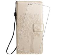 Verre trempé +Pour Oppo Find X3 Lite 6.43"" Housse Etui en PU Cuir Housse Téléphone de Pochette Doré Cat Arbre