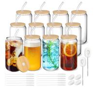 Verres à boire avec pailles et couvercles en bambou, 12 boîtes de bière en forme de boîte, tasses à café glacé, tasses transparentes pour les cocktails, whisky, cola, jus, soda, thé, eau (12)