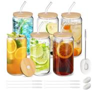 Verres à boire avec pailles et couvercles en bambou, 6 boîtes de bière en forme de boîte, tasses à café glacé, tasses transparentes pour les cocktails, whisky, cola, jus, soda, thé, eau (6)