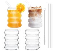 Verres à Bulles 350ml Avec Paille,4 Verres à Boire Striés,Verres à Vagues,Verre a Eau Bulles Gobelets en Verre,Verres à Eau pour Latte Macchiato Café Glacé Whisky Cocktails Yoghourt Soda Café (B)