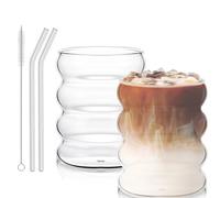 Verres cannelés de 300 ml, lot de 2 verres à café avec pailles en verre côtelées, pour gastronomie, eau, jus de fruits, bière, verres universels