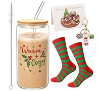 Verres de Noël, 500 ml, tasses de Noël, verres de Noël avec couvercle et paille, gobelets avec porte-clés, chaussettes, cadeaux de Noël, verre de Noël pour café, thé, jus, bière, cocktails