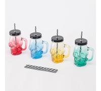 Verres Relaxdays avec couvercle et paille, lot de 4, 500 ml, motif tête de mort, bouchon à vis, anse, colorés