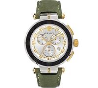 Versace Greca VEPM00220 Chrono Montre à quartz pour homme, cadran argenté, bracelet en cuir vert, 45 mm, 5 ATM, Sangle