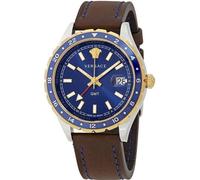 Versace Hellenyium GMT Montre Homme Marron Cuir Or Argent Boîtier Acier Bleu Cadran 42mm V11080017