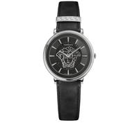 Versace VE8102619 V-Circle Lady argent noir bracelet en cuir montre femme NOUVEAU
