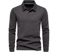 Versatile Men's Solid Color Long Sleeve Top Classic Turn Down Collar Casual Work Polo Shirt(Gray,L)