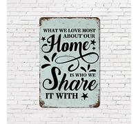 Versets en métal rétro avec inscription positive « What We Love Most About Our Home is Who We Share It » avec panneau en aluminium vintage de 20,3 x 30,5 cm pour décoration de maison, fête, salon