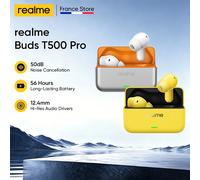 Version Globale realme Buds T500 Pro Écouteurs avec Réduction de Bruit Adaptative 50dB, Transducteurs Audio Haute Résolution 12.4mm, Design Boîte Bonbon Jaune