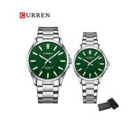 (vert argenté) Montres de couple de marque CURREN pour amoureux Bracelet en acier inoxydable à quartz