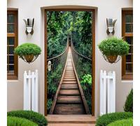 Vert Autocollant Porte 3D Pont suspendu forestier 77x200 cm Sticker Mural PVC Étanche Auto-adhésif Papier Peint Porte Cuisine Chambre Salon Décor