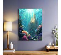 Vert Clair Peinture sur toile Château sous-marin de l'océan Tableau décoratif mural 40x30 cm Impression haute définition Cadre bois Décoration élégante pour salon chambre maison