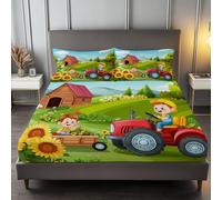 Vert Drap Housse 90 x 190 cm Tracteur De Dessin Animé Rural, Doux Résistant Anti-Plis Élastique Tout Autour - Antidérapants Résistant aux Rides Drap Housse en Microfibre