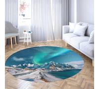 Vert émeraude et Bleu Glacier Rond Tapis de Chambre d’Enfants Aurores boréales enneigé Village de pêche Profond océan Bleu antidérapant Tapis Neutres pour Chambre à Coucher 100cm