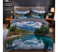 Vert éMeraude Housse de Couette 200x200 cm Microfibre Imprimée Paysage fluvial de Snow Mountain Parure de Lit 2 Personnes avec Fermeture Éclair et 2 Taies d'oreiller 65x65 cm