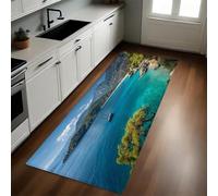 Vert Émeraude Tapis de Cuisine Paysages insulaires et Petits Bateaux Lavable Doux Polyester 50 x 150 cm Tapis d’Entrée Absorbant Passage Couloir Facile à Nettoyer